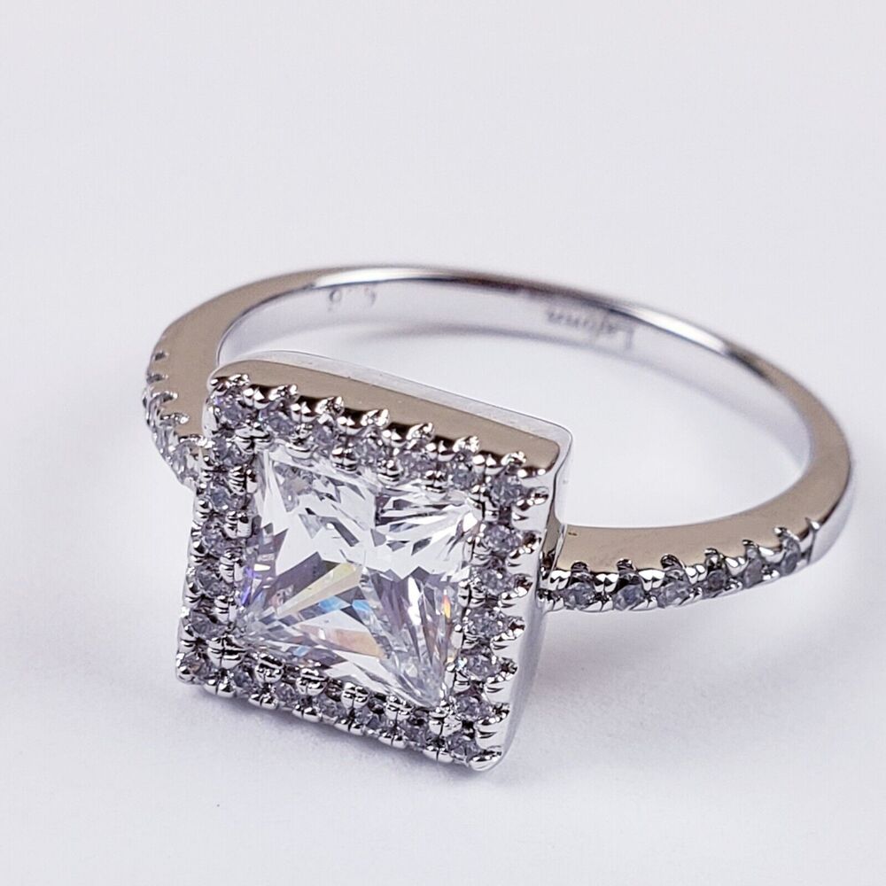 Princess Cut Halo Simulated Diamond Ring Engagement Platinum Plated Silver Sz 7